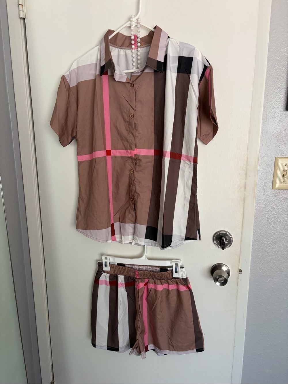 Two-Piece Plaid Short Set in Brown and Pink
